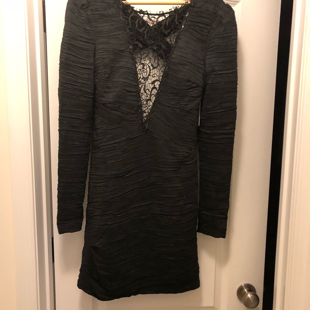 Free People Crinkle-Charmeuse Lace-Neck Mini Dress